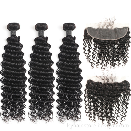 Peruvian Deep Curly Ear to Ear Frontal 100% Human Hair Bundles Weft Weave with Closure Sew In Hair Hair Fronal Extensions